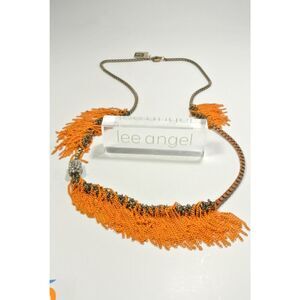 Neiman Marcus Manuela Fireball Box link Enamel Fringe Necklace NWT 326 Orange
